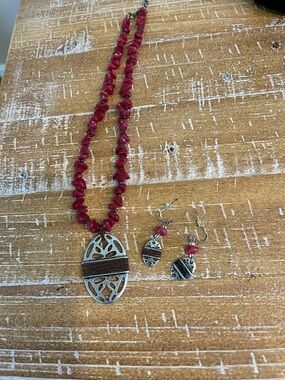 Chico’s Red Beaded Pendant Necklace and Earrings Set - Bohemian Silver Accents